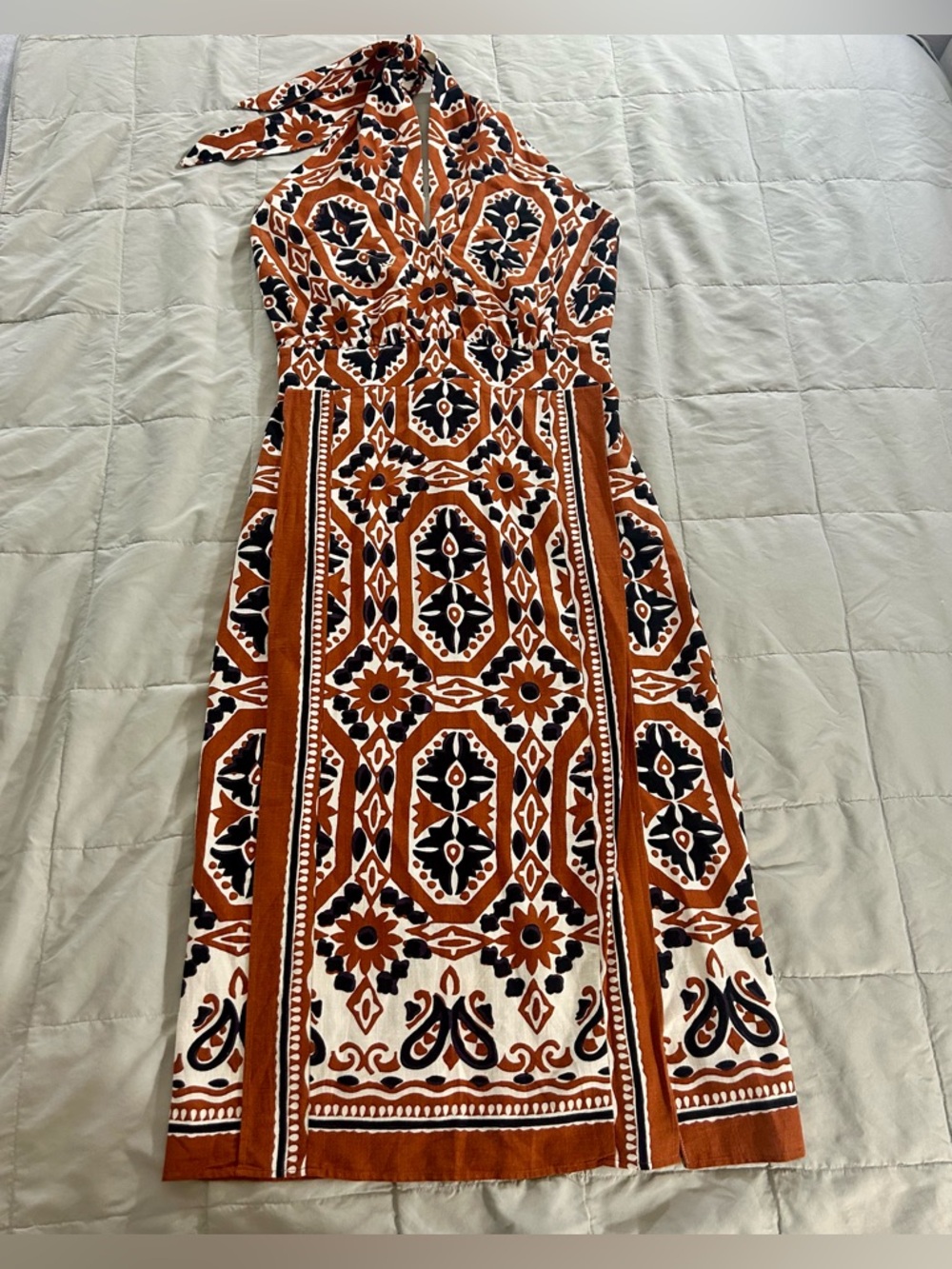 Sezane Alana Dress, Halter Midi Dress Size 42 / US 10, Rust Brown, Black, Cream - Picture 2 of 16